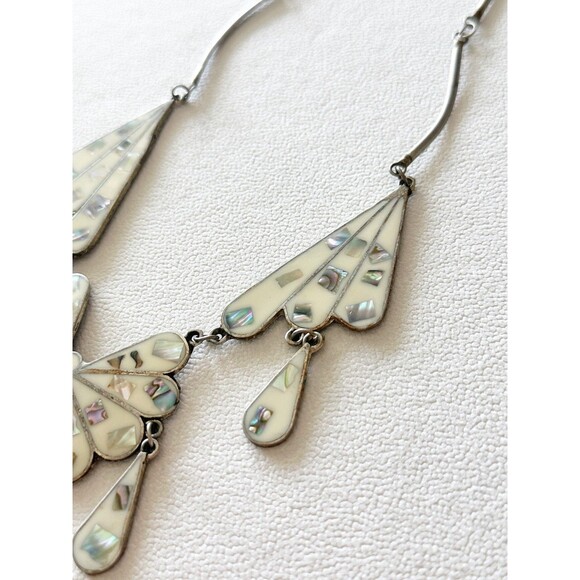 Vintage ALPACA MEXICO Silver Enamel Abalone Inlay Bib Statement Necklace - Picture 4 of 8
